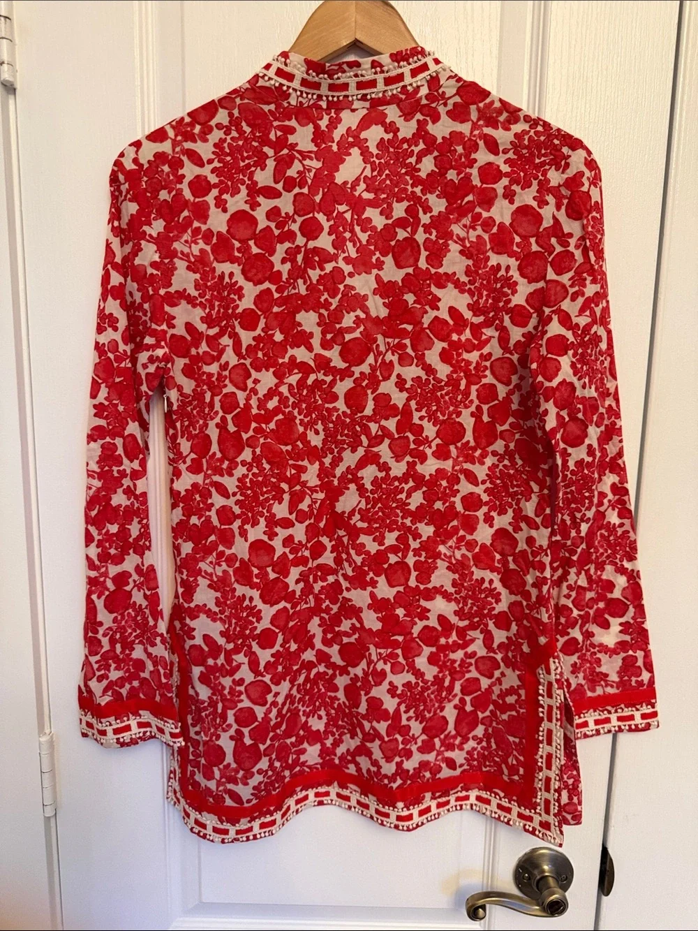 Tory Burch Womens Tunic Top Red Floral Beaded Lattice Resort Coas